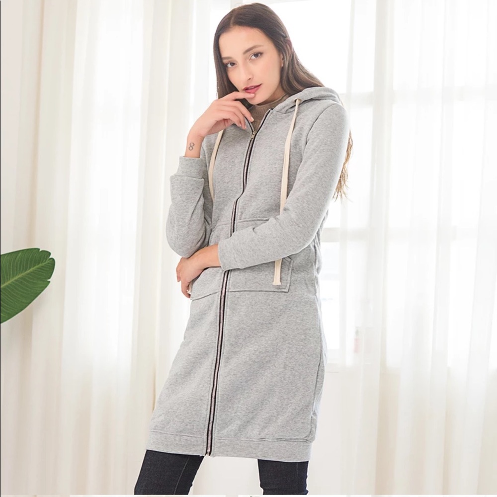 1 Left! Grey Long Zip Up Hoodie Sweater Dress - Picture 5 of 6